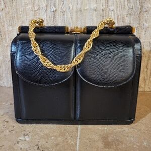 Vtg Artcraft Structured Black Leather Purse Gold Hardware AS IS